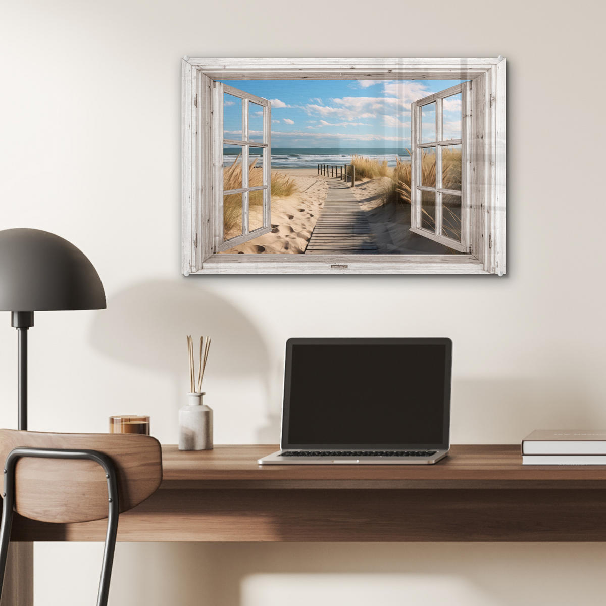ACRYLGLASBILD Fenster - Meer - Küste - Natur - Ausblick - Strand - Wattenmeer 60x40 cm - Beige, Glas (60/40cm) - MuchoWow