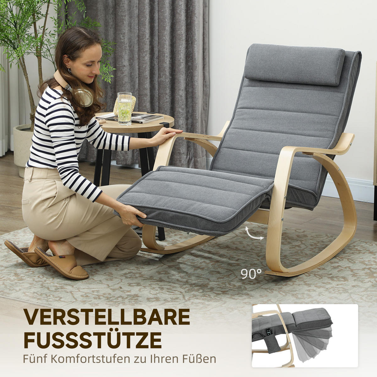 SCHAUKELSTUHL Schaukelsessel mit Massagefunktion, Kopfstütze, Fußstütze, Grau - Naturfarben/Grau, Holz/Textil (67/92/106cm) - HOMCOM