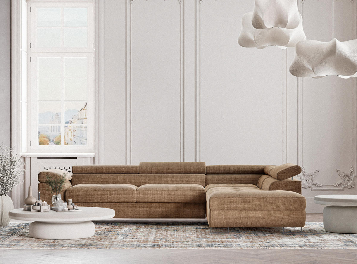 ECKSOFA Concord Hellbraun Chenille-Stoff - Rechts Seite - Hellbraun/Schwarz, Holz/Holzwerkstoff (277/203cm) - Maison de Reve