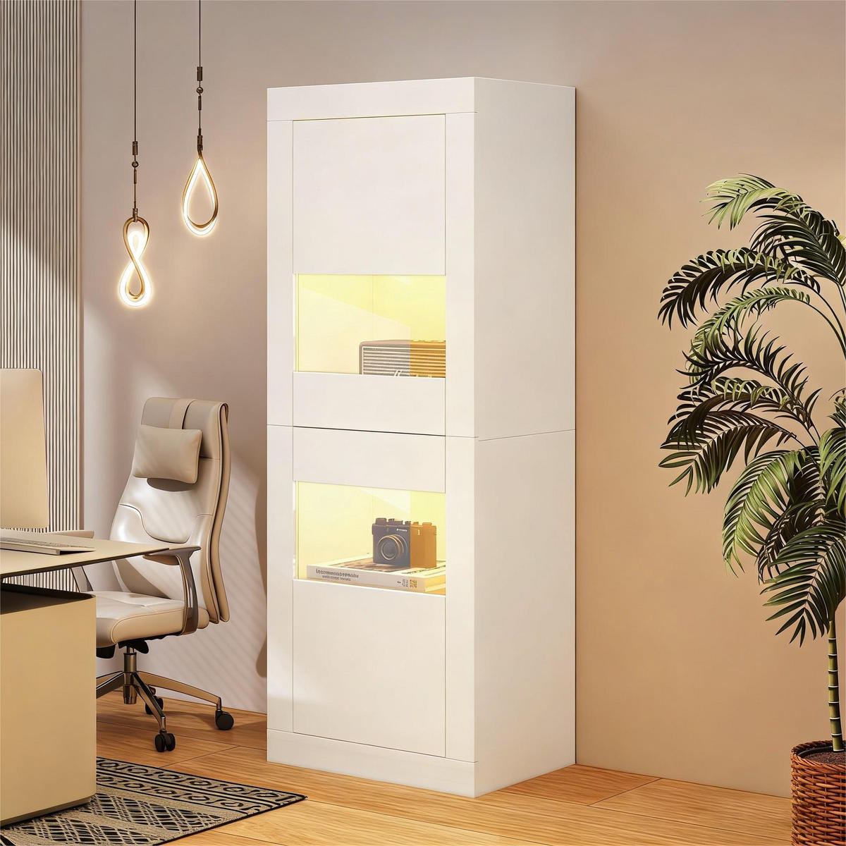 VITRINE mit LED Beleuchtung Verstellbaren Glasböden Hochschrank mit Acryltüren Wohnzimmer Weiß 61x42x162 cm - Weiß, Glas/Holzwerkstoff (61/162/42cm) - EVRYAE