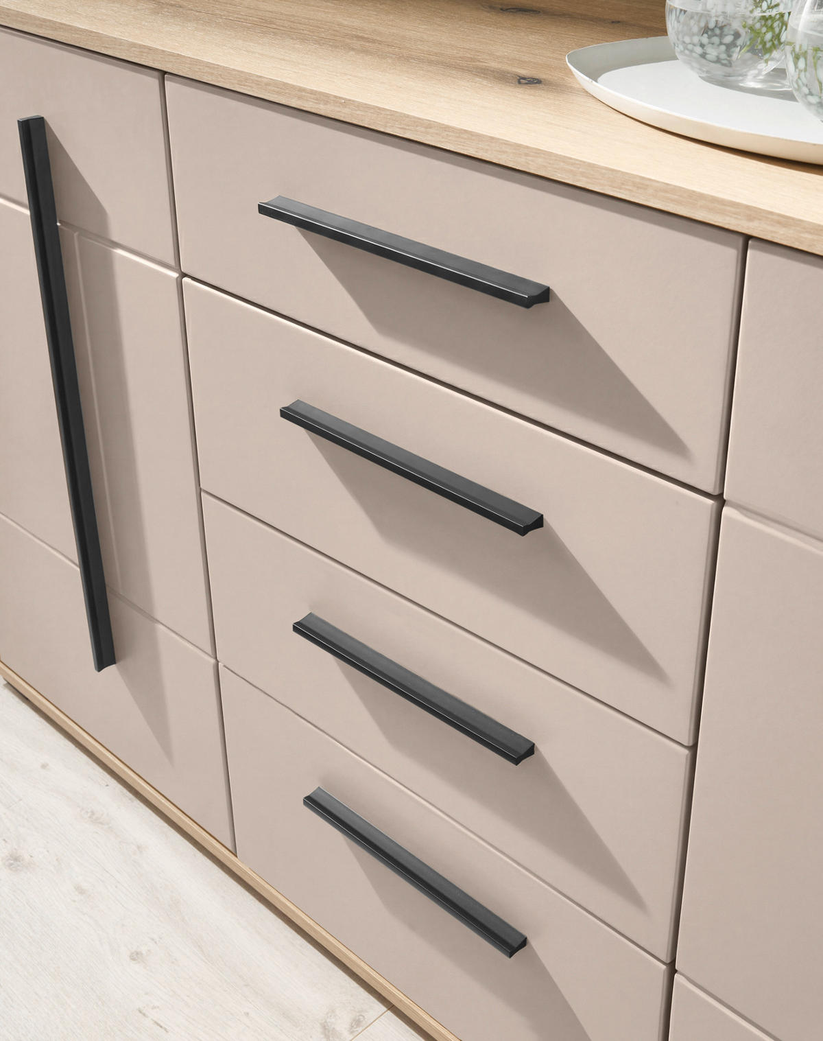 WOHNWAND Kaschmir, Eiche 4-teilig 290, Schrankwand in modernem Design - Kaschmir/Eichefarben, Glas/Holzwerkstoff (290/200/42cm) - Furn.Design