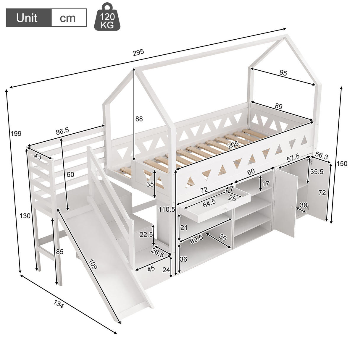 KINDERBETT 90/200 cm mit Rutsche, Treppe, Schubladen und Stauraum, Massivholz, Weiß - Weiß, Holz (90/200cm) - Redom