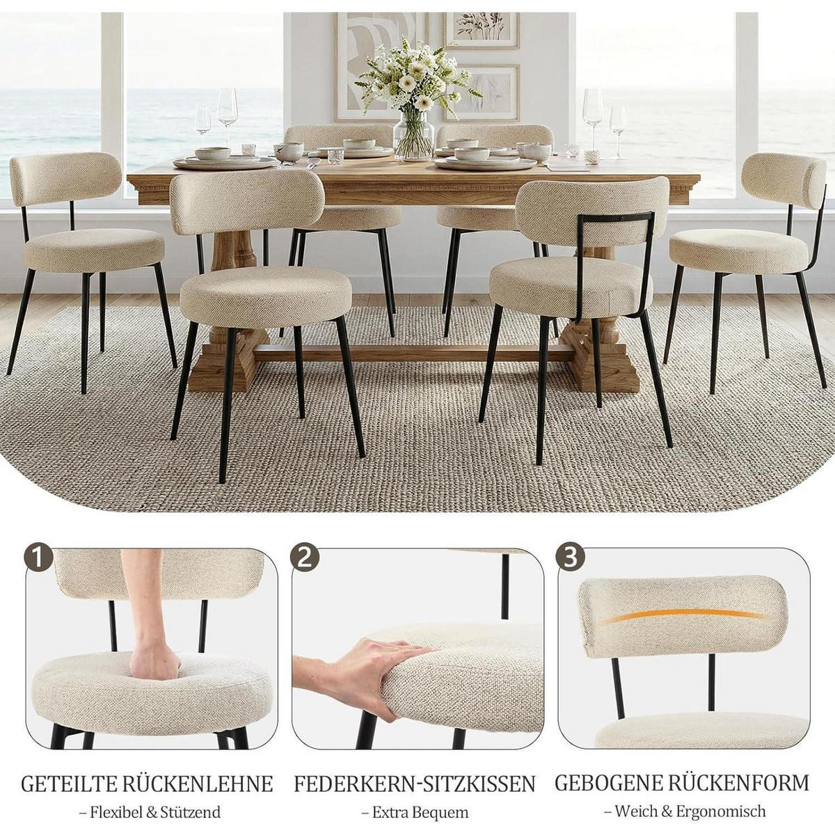 ESSZIMMERSTÜHLE 6er Set aus Bouclé Leinen Stoff, gepolstert, mit Metallbeinen in beige - Beige, Textil (54/80.5/50cm)