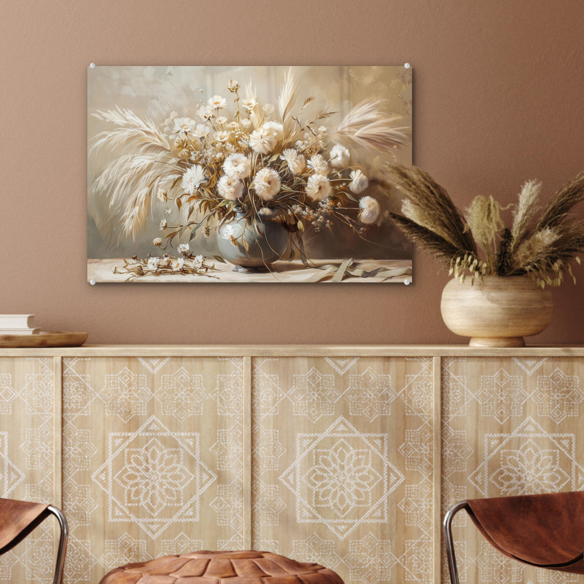 ACRYLGLASBILD Blumen - Vase - Stilleben - Beige 60x40 cm - Creme, Glas (60/40cm) - MuchoWow