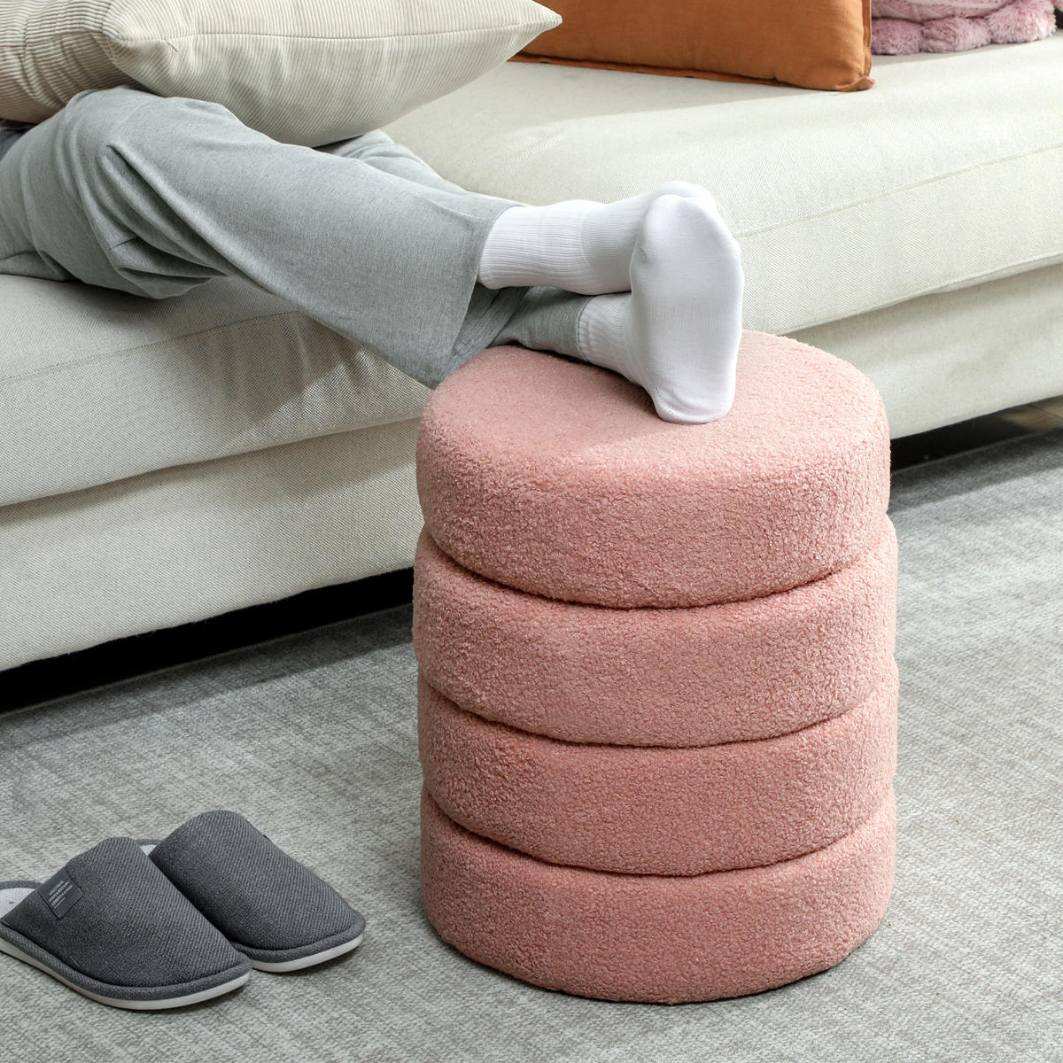 SITZHOCKER, Fußhocker, Runder Polsterhocker, Fußstütze mit Sitzkissen - Rosa/Naturfarben, Holz/Textil (40/45/40cm) - HOMCOM