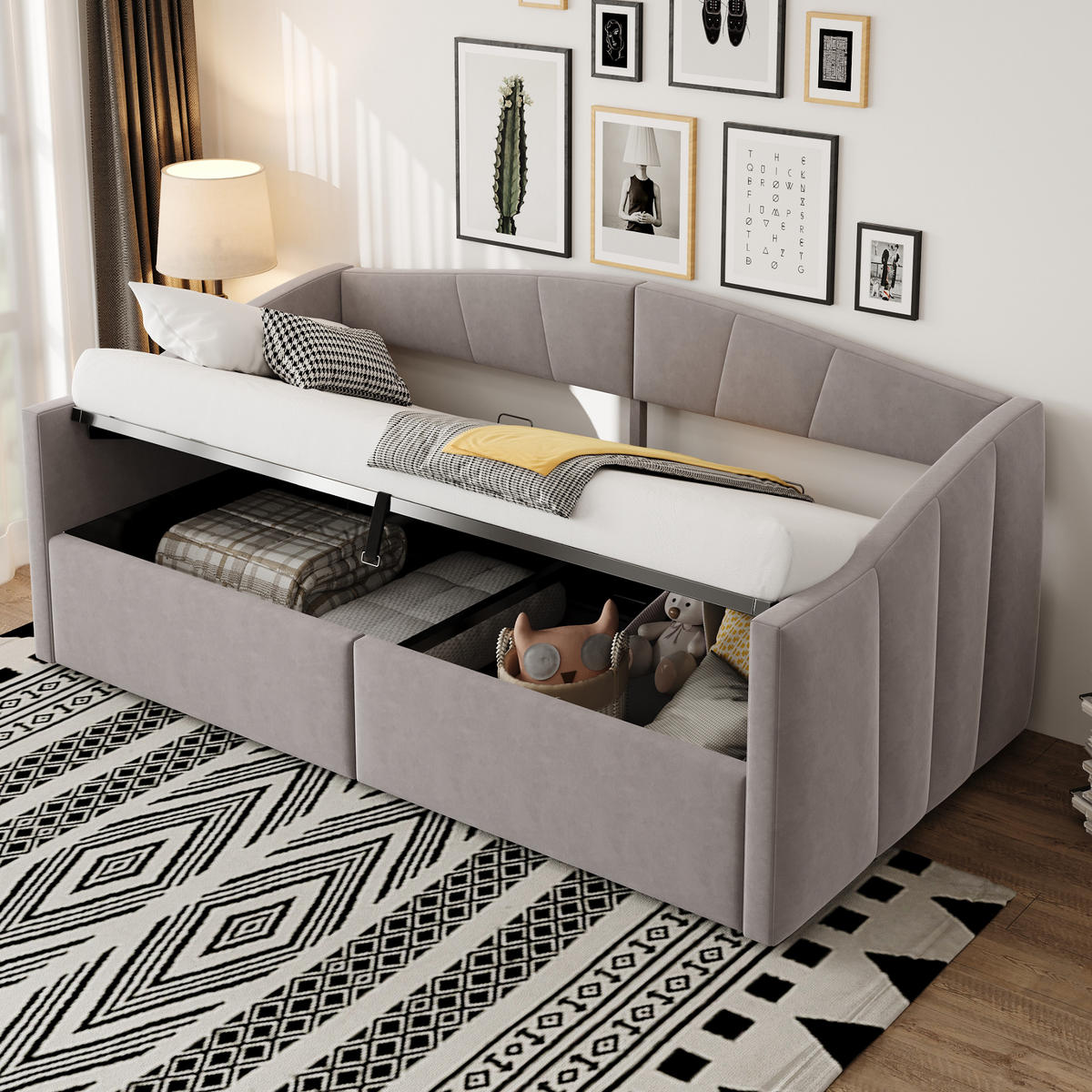 POLSTERBETT Sofabett 90/200 cm Hellgrau mit hydraulischem Speicher und Lattenrost - Hellgrau, Textil (90/200cm) - OKWISH