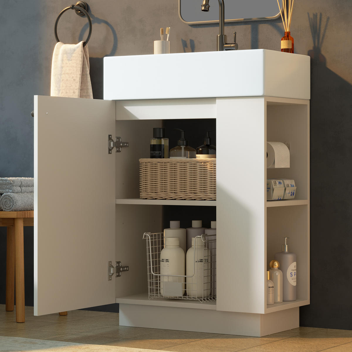 BADEZIMMERSCHRANK Waschbeckenunterschrank Rillenoptik Keramik 55cm - Weiß, Keramik (55/87/32cm) - FLIEKS