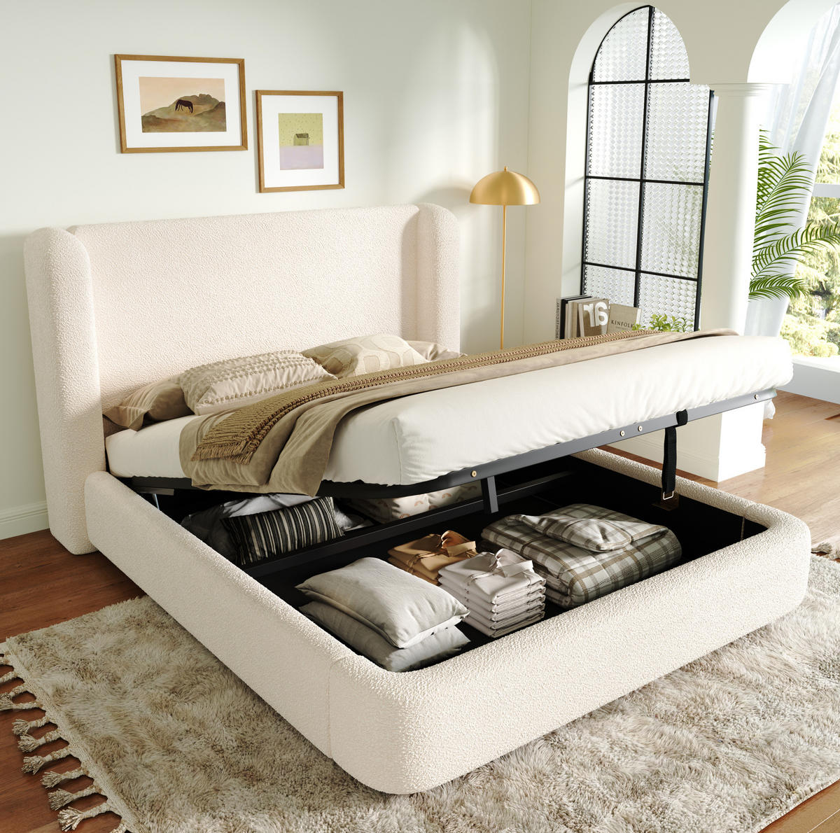 BETT mit Stauraum und Lattenrost Bouclé Beige - Beige, Metall (180/200cm) - Meubliv