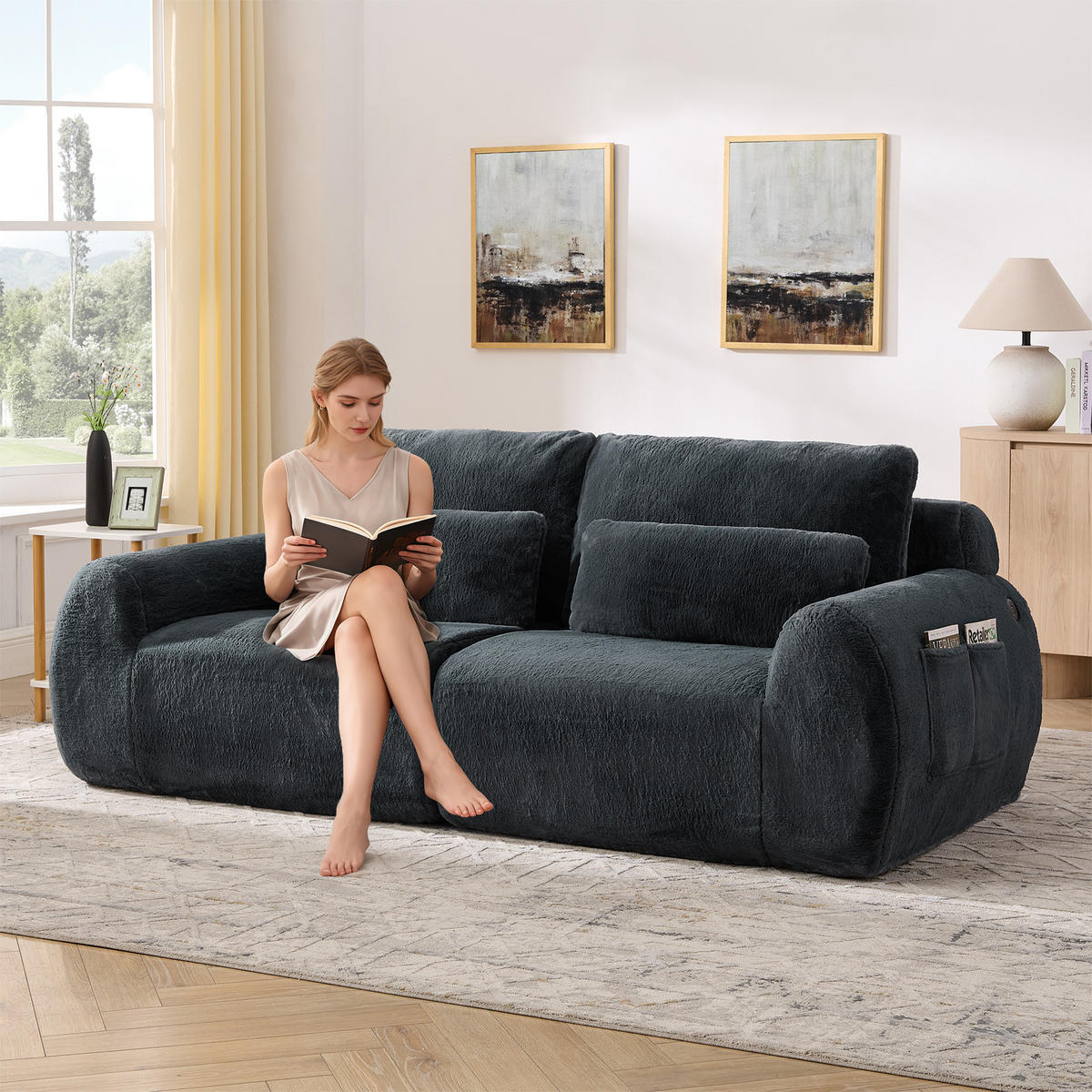 2-SITZER SOFA Kaninchenstil-Kunstfell Grau mit USB und Magazintasche - Grau, Textil (208/81/101cm) - WISHDOR