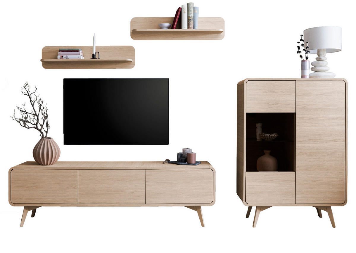 WOHNWAND Eiche natur 4-teilig 290 cm, Wohnkombination mit Push-to-Open - Eichefarben, Glas/Holz (290/170/39cm) - Furn.Design