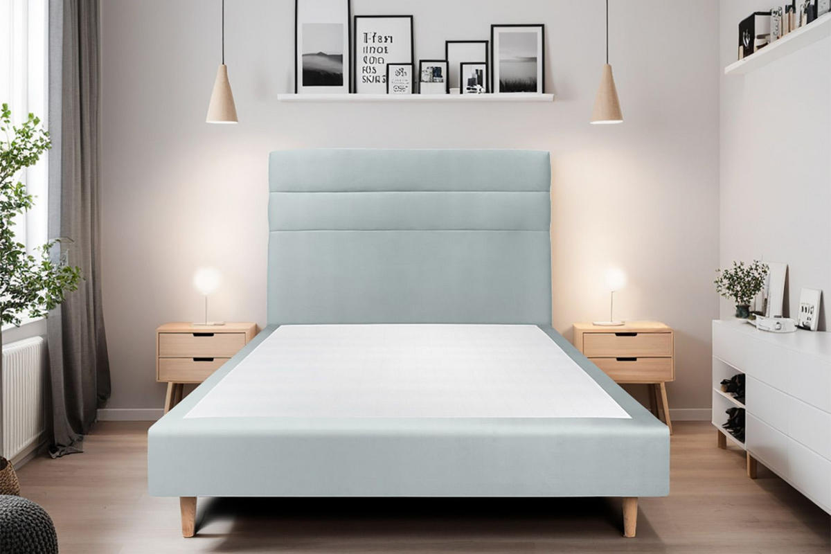 KOPFTEIL Modell Linien – Blaugrauer Samtstoff 140 cm - Beige/Blaugrau, Holz (140/120/10cm) - Sommeil de Plomb