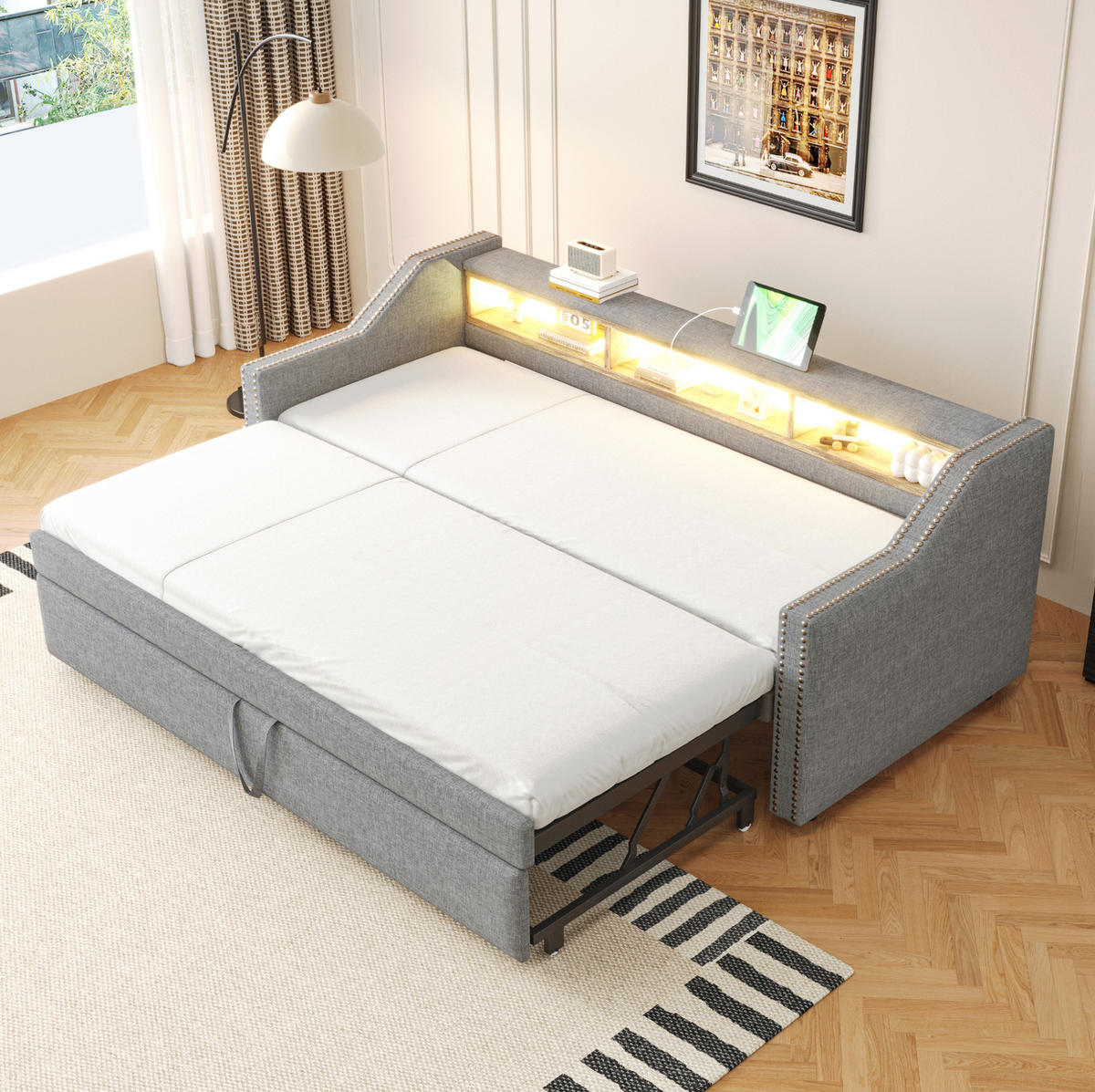 TAPECIRANI krevet od lana 90/180x190 cm svijetlosiva s izvlačnim ležajem, LED rasvjetom, USB priključkom i policama - svijetlo siva, tekstil (140/190cm) - Modfu