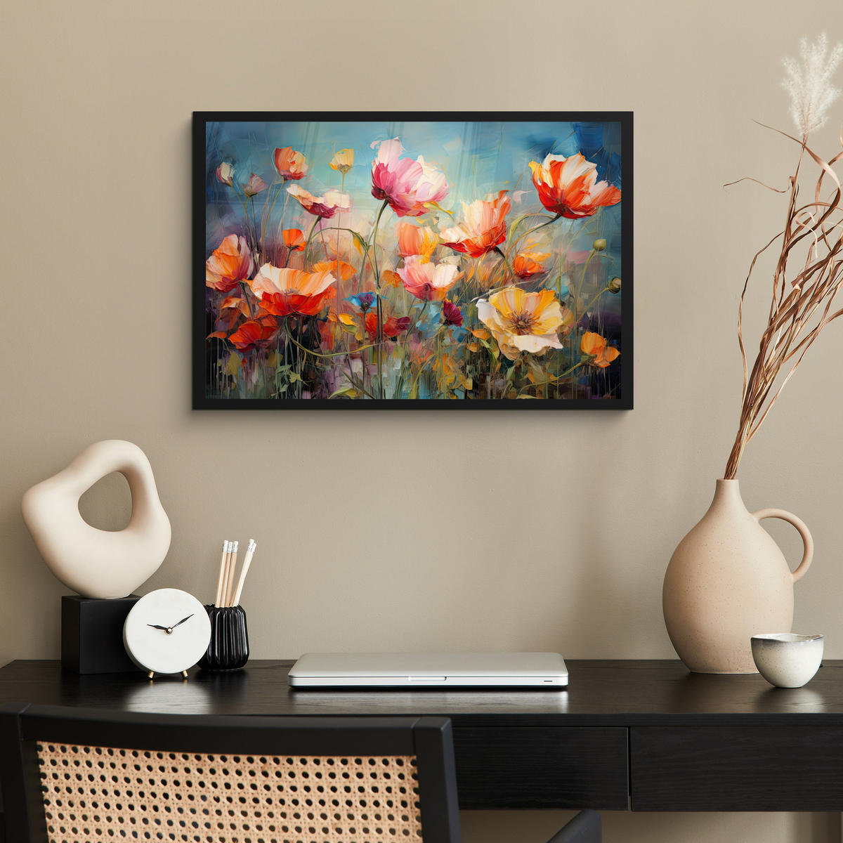 POSTER MIT RAHMEN Blumen - Aquarell - Kunst - Botanisch - Natur 60x40 cm - Orange, Papier (60/40cm) - MuchoWow