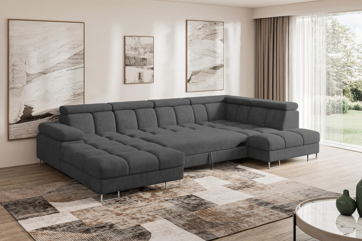 WOHNLANDSCHAFT mit Schlaffunktion und Bettkasten Ottomane RECHTS COMA U 345x203x79 Dunkelgrau Velours - Dunkelgrau, Holzwerkstoff/Textil (203/79/345cm) - ALTDECOR