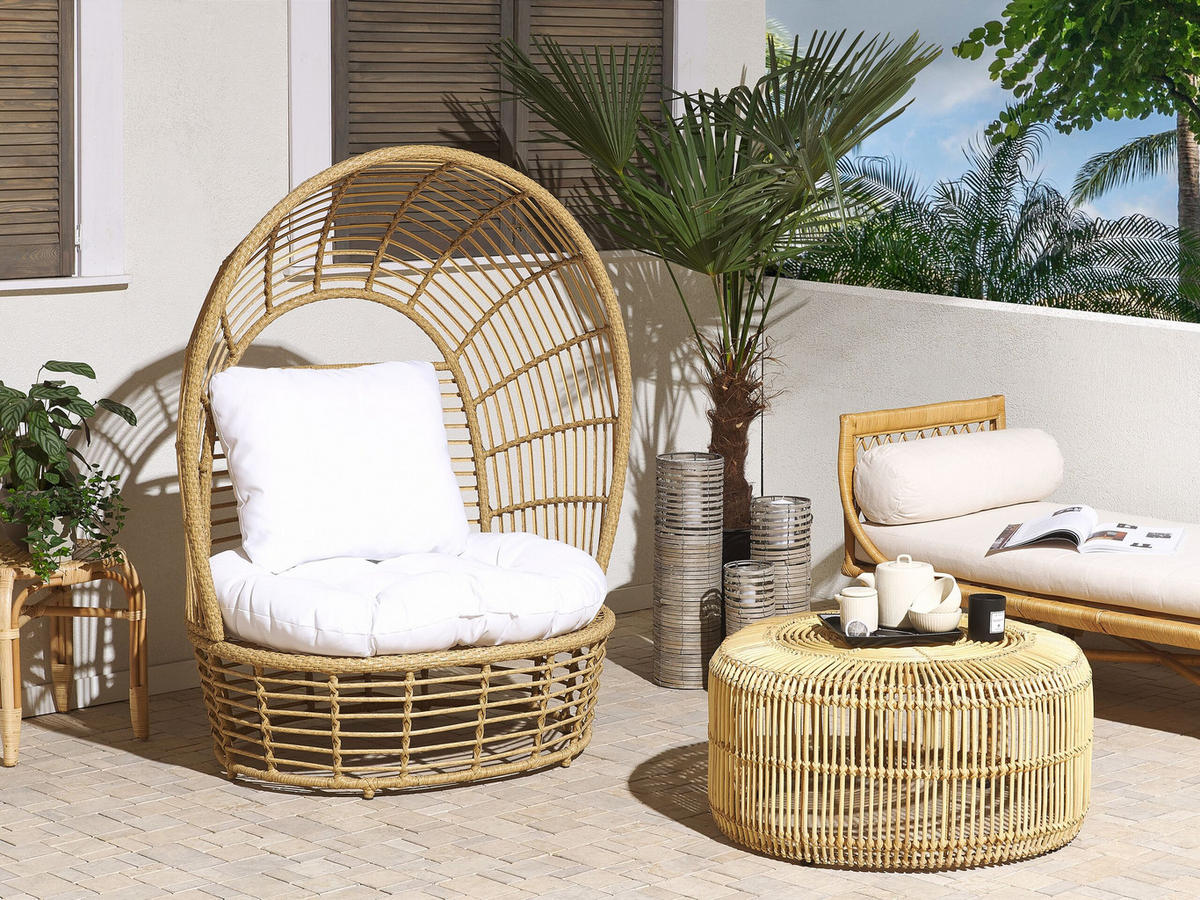 SONNENINSEL Rattan natürlich Kissen weiß Lido - Beige/Weiß, Naturmaterialien (109/150/83cm) - Beliani