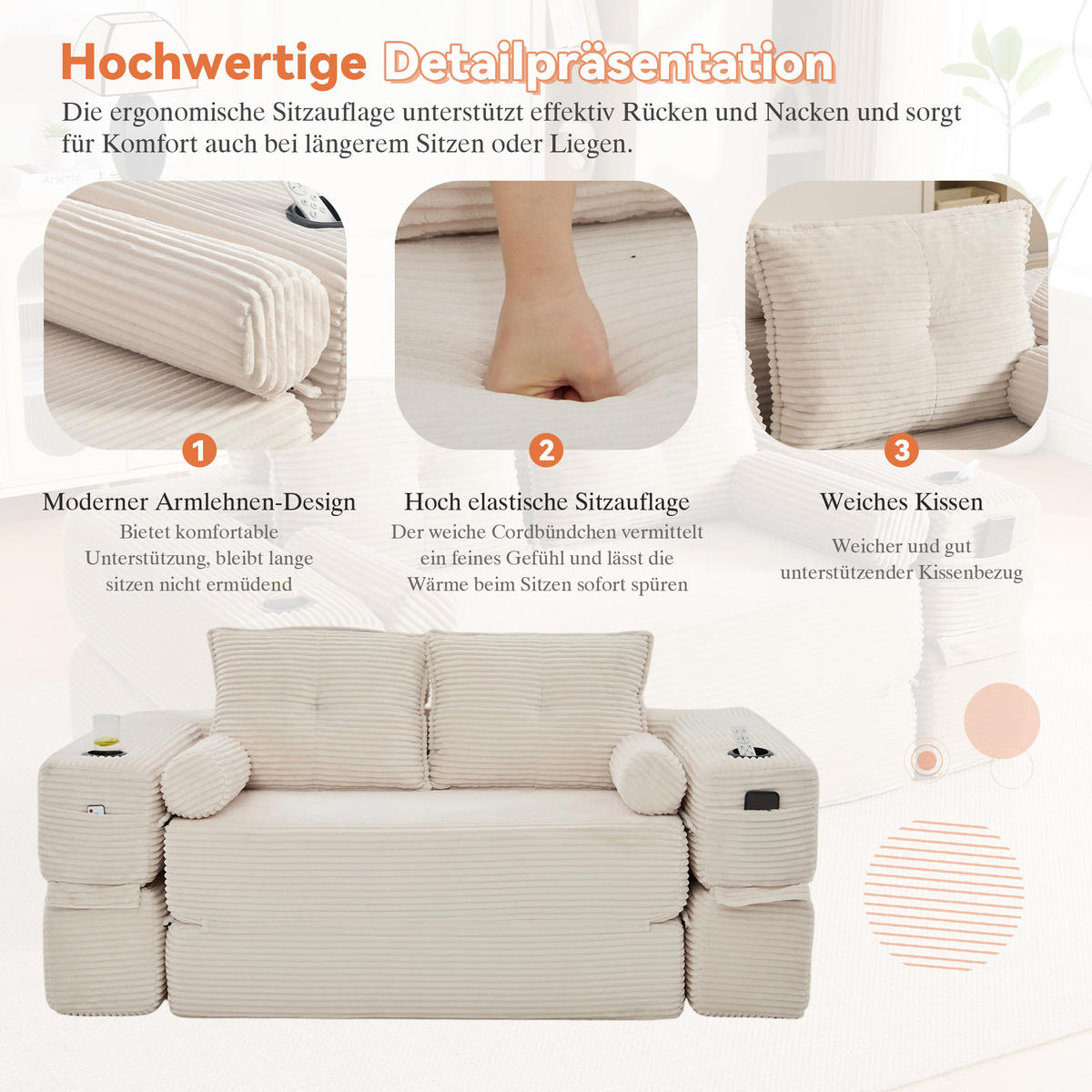 SCHLAFSOFA mit Cordbezug, Memory-Kissen, Getränkehalter und Zierkissen - Beige, Textil (180/80/98cm) - EVRYAE