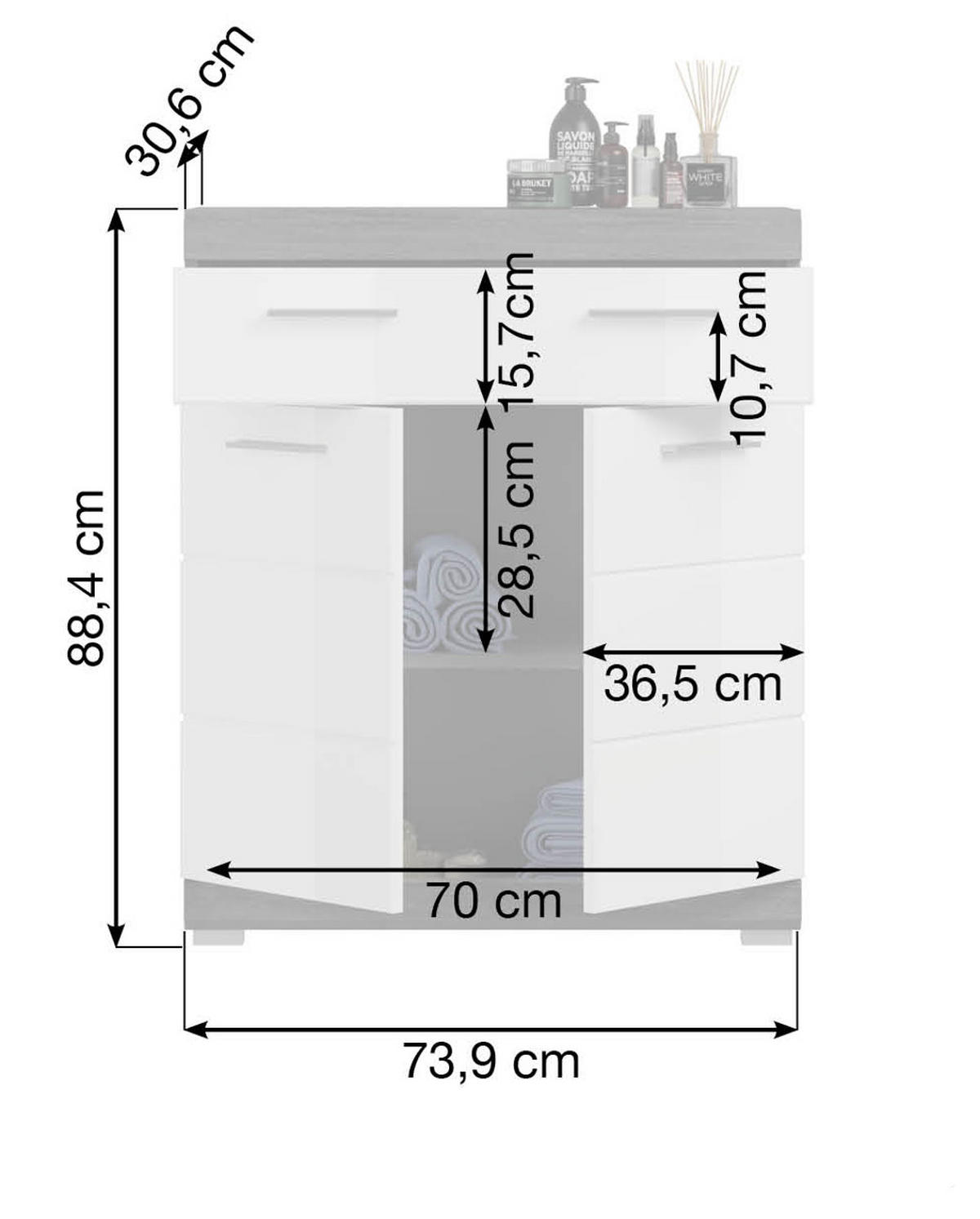 MIDISCHRANK weiß Hochglanz, grau 74 cm, Badkommode mit Schublade - Weiß Hochglanz/Silberfarben, Holzwerkstoff/Kunststoff (74/88/31cm) - Inn.Furn
