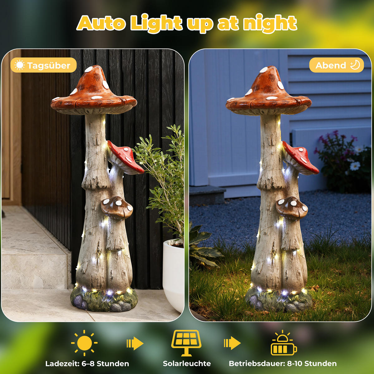 80 cm MGO Solarenergie Gartenskulptur Pilz, mit LED-Beleuchtung Geschenkidee für Mama - Multicolor, Naturmaterialien (31/80/29cm) - Hometopia