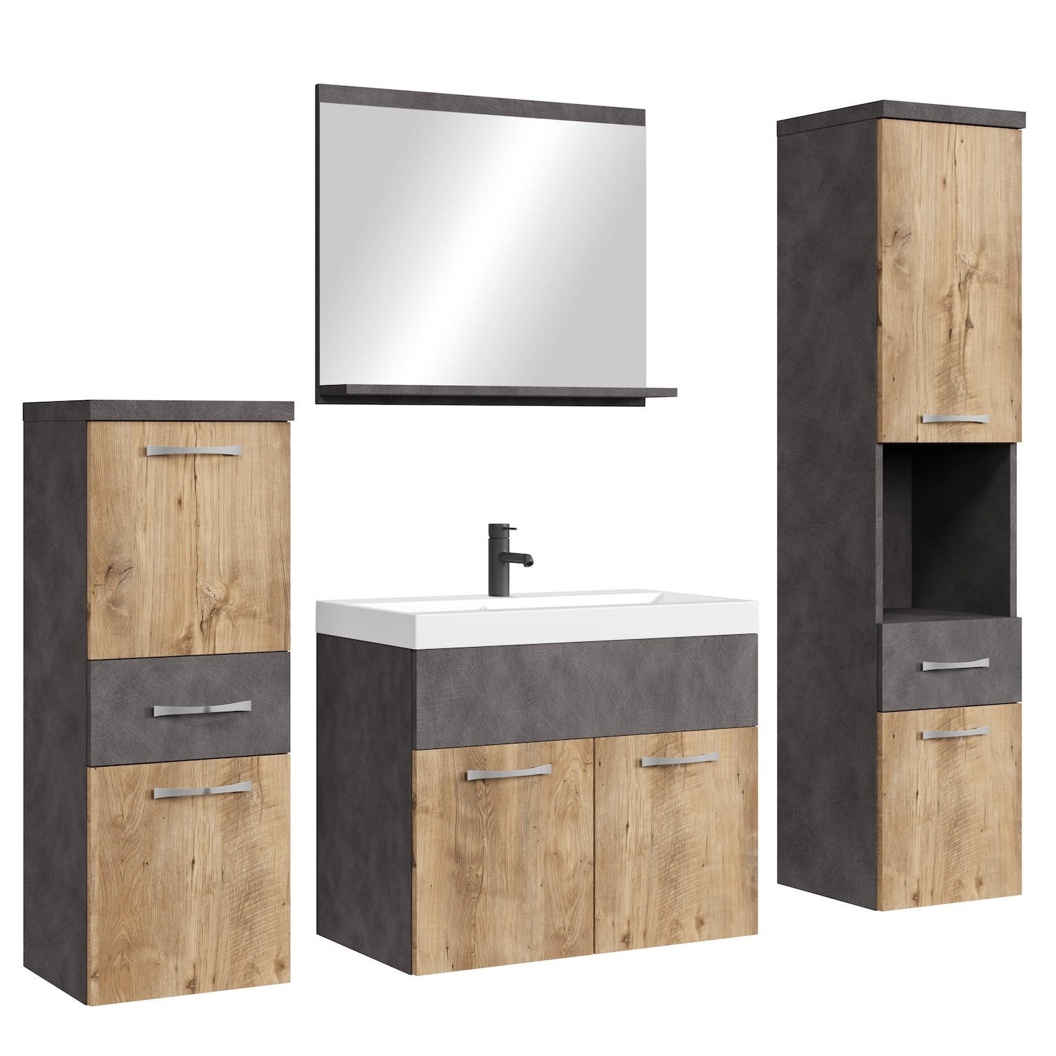 BADMÖBEL-SET Alba 5 Teile Kastanien Eiche / Grau - 60 x 35 x 51 cm - Eichefarben/Schwarz, Holz (60/51/35cm) - Badplaats