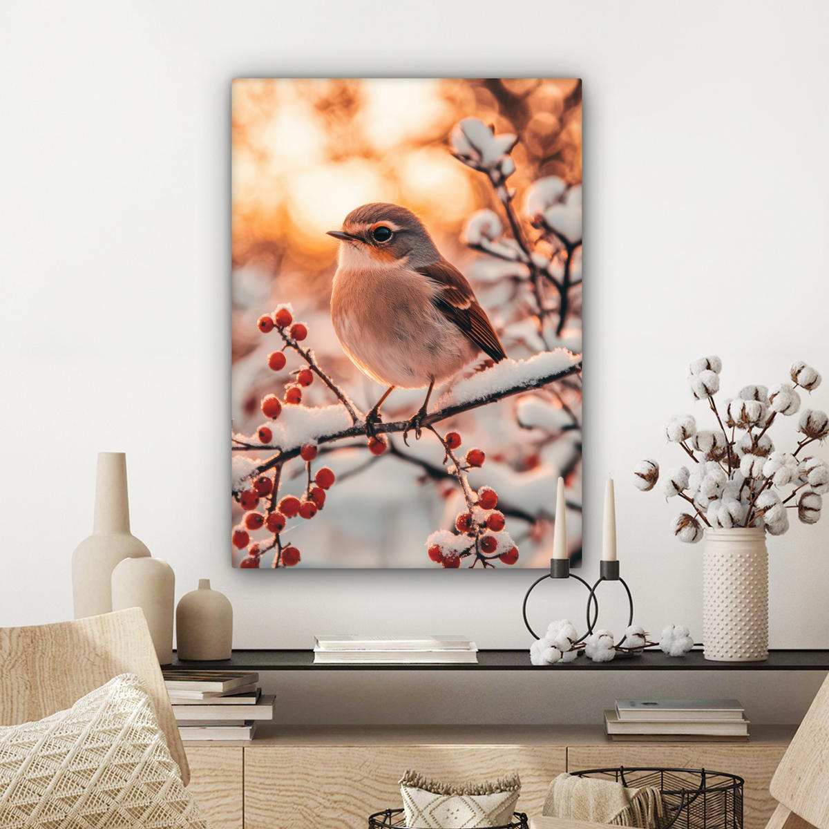 LEINWANDBILD Vogel - Zweig - Winter - Tiere - Schnee Wandbild Wohnzimmer 60x80 cm - Bernsteinfarben, Textil (60/80cm) - MuchoWow