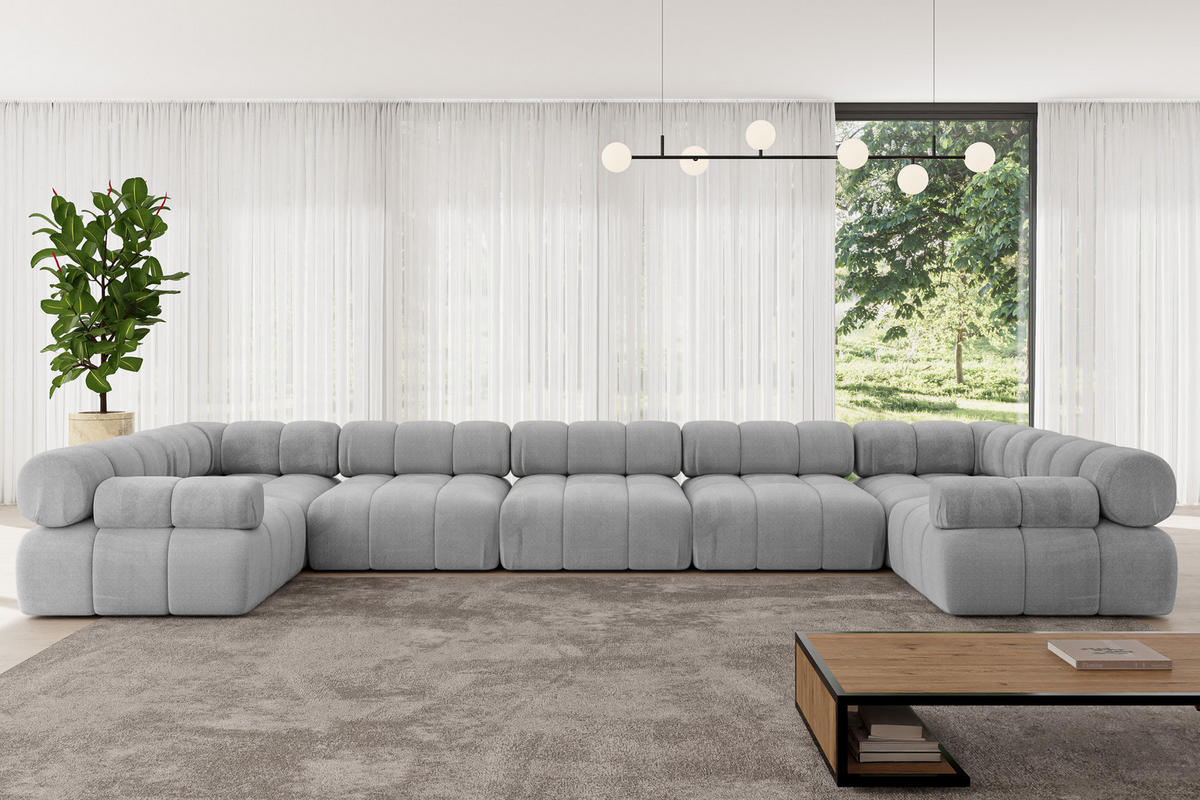 WOHNLANDSCHAFT modulares Sofa Birno-U3 - 475x190x70 cm Hellgrau Velours - Hellgrau, Holzwerkstoff/Textil (475/70/190cm) - ALTDECOR
