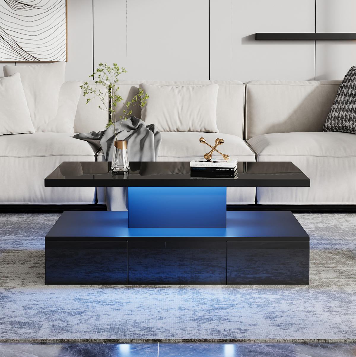 COUCHTISCH 100/50/39 cm mit LED-Beleuchtung, Schublade und offenem Fach, Hochglanz, Schwarz - Schwarz, Holzwerkstoff (100/50/39cm) - Redom