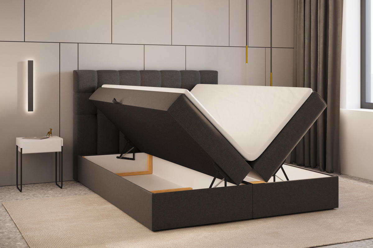 BOXBETT - Bett 05 OSLO - Hugo - 140x200 cm - mit Bettkasten und Waschbarem Topper - Schwarz, Holz (140/200cm) - ROYAL24_MARKT