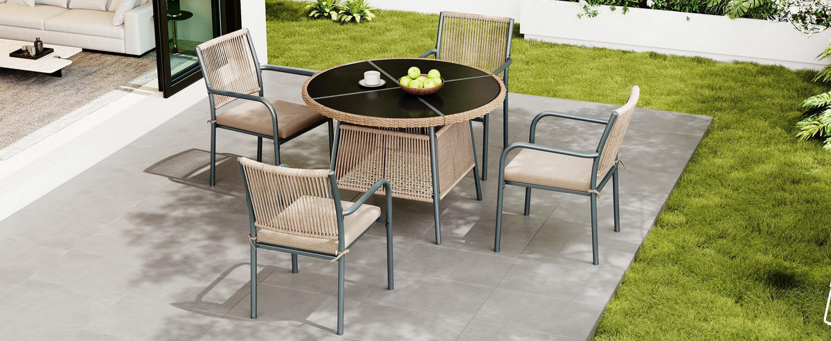 GARTENSET Rattan Tisch 4 Stühle Glas - Grau, Glas - LEBENLANG
