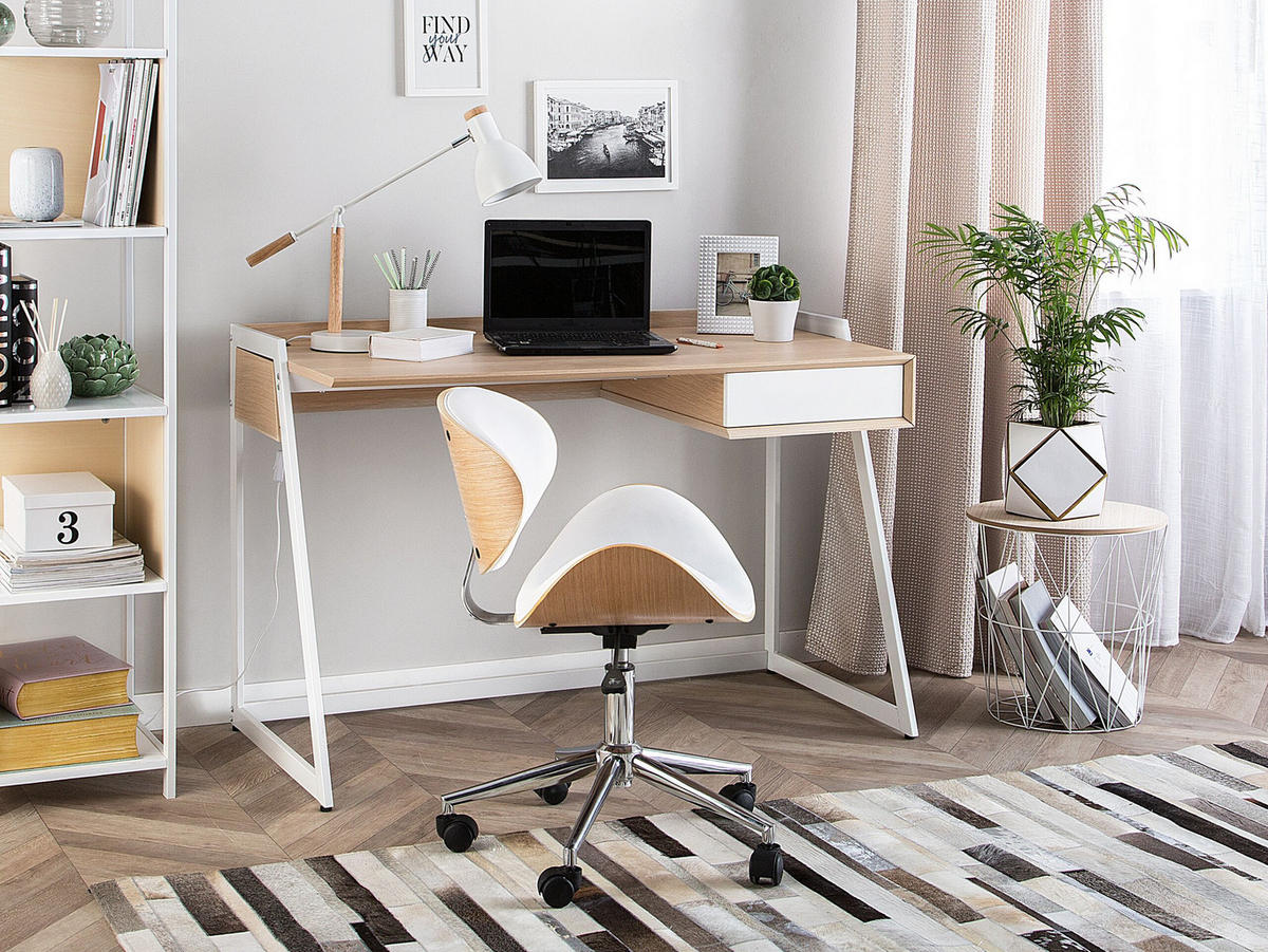 SCHREIBTISCH weiß/heller Holzfarbton 120/60/82 cm Quito - Weiß, Holzwerkstoff (60/120/82cm) - Beliani