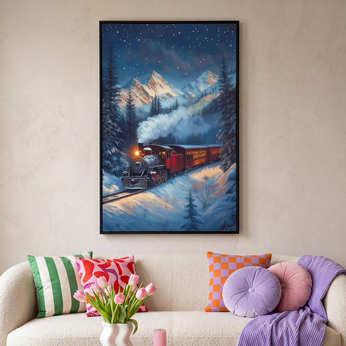 LEINWAND Bilder mit Rahmen - Zug - Weihnachten - Schnee - Weihnachtszug - 80x120 - Anthrazit, Textil (80/120cm) - MuchoWow