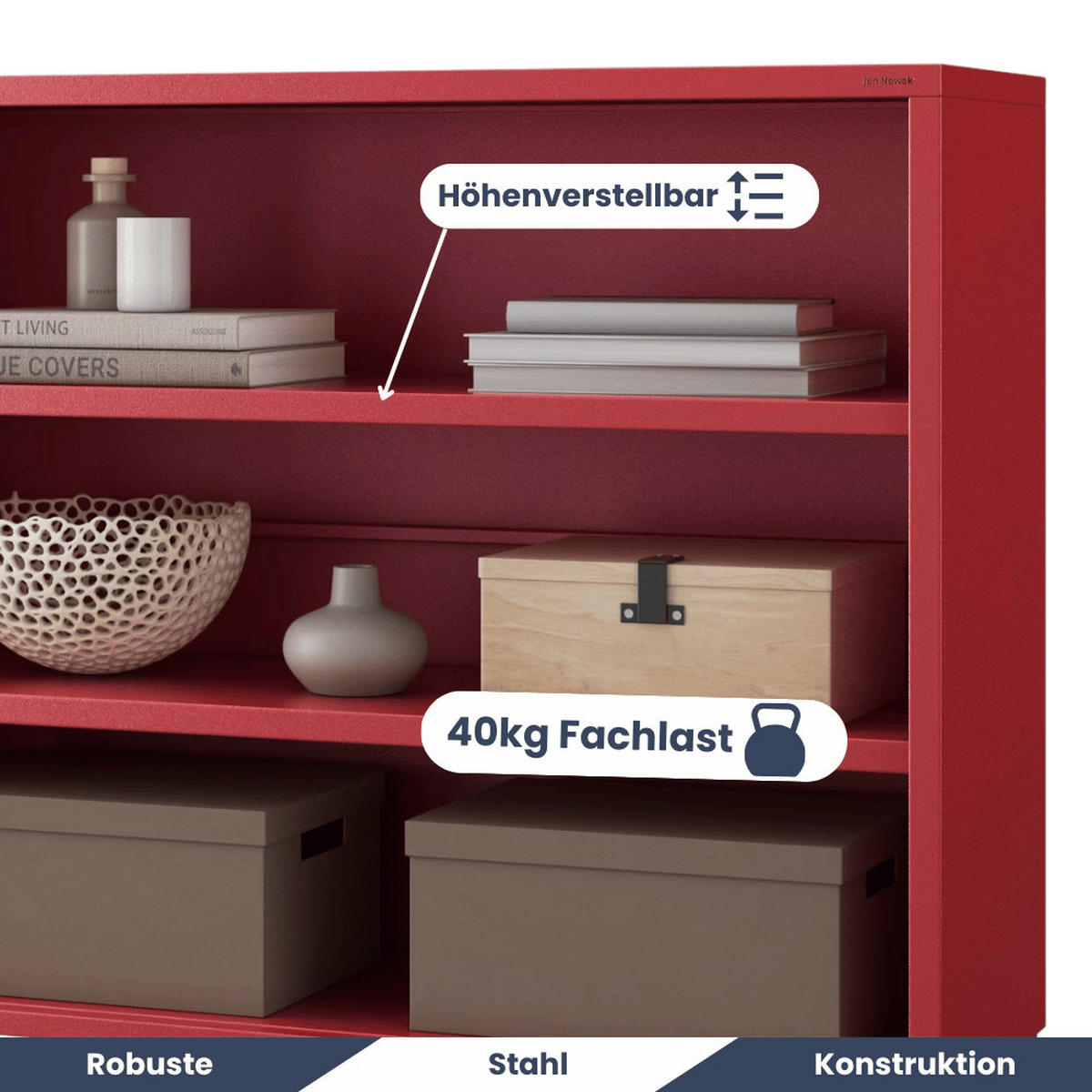 KOMMODE Metall offen LUCA 4 Ebenen 90x100x35cm Rot - Rot, Metall (100/90/35cm) - Jan Nowak