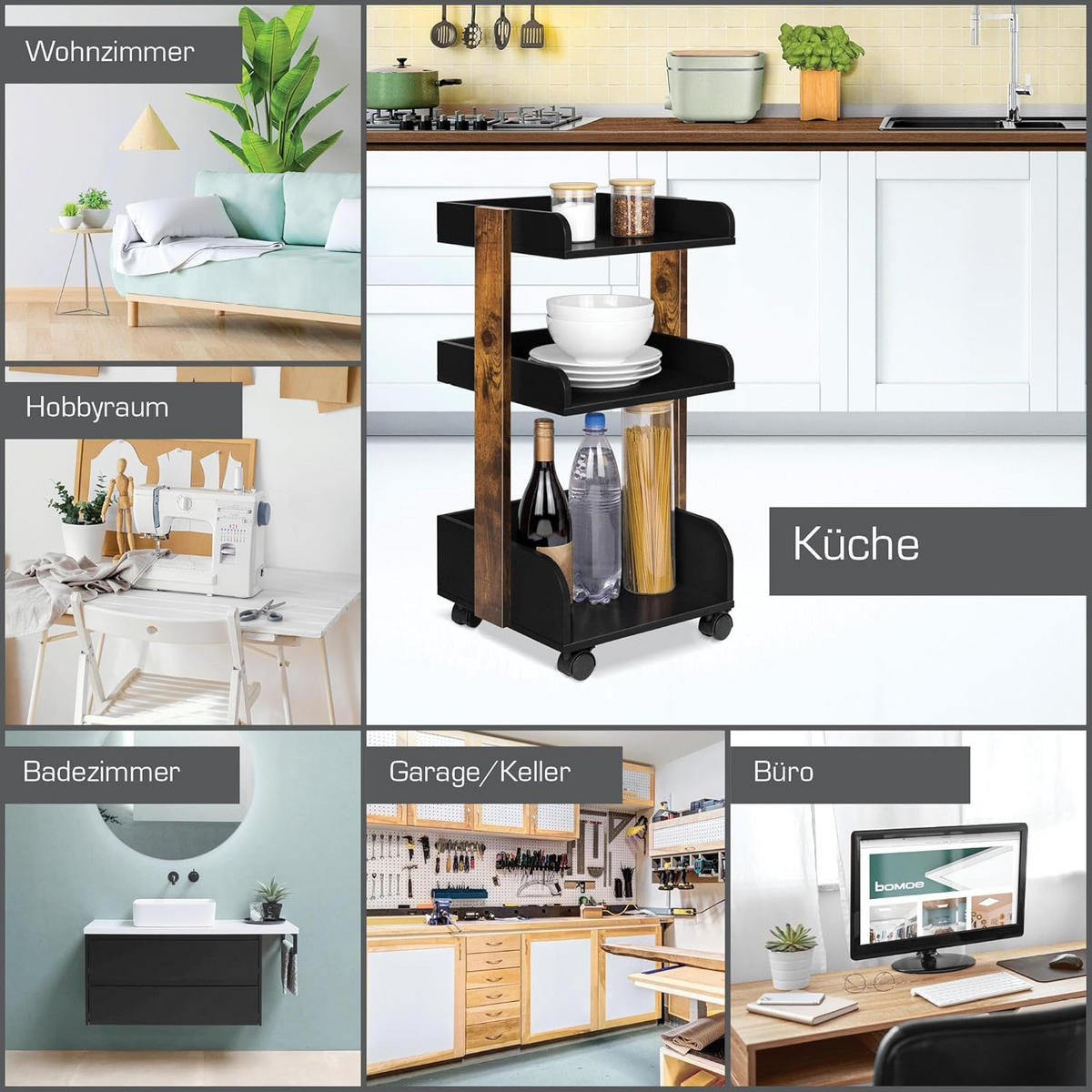 ROLLWAGEN Bosse Schwarz-Braun - Wildeiche/Schwarz Hochglanz, Holz/Holzwerkstoff (32/69/35cm) - BoMoe