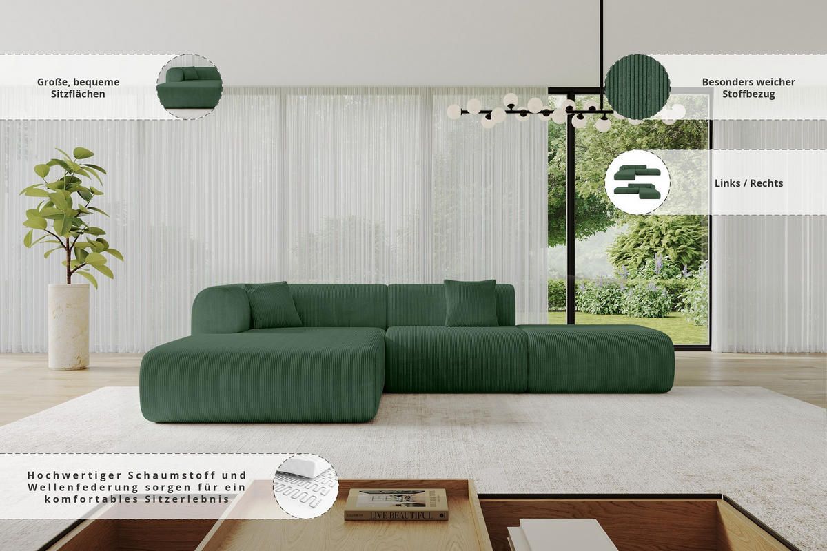 ECKSOFA Ottomane Links OVLY-L 289x176x71 Grün Cord - Waldgrün/Schwarz, Holzwerkstoff/Kunststoff (176/289cm) - ALTDECOR