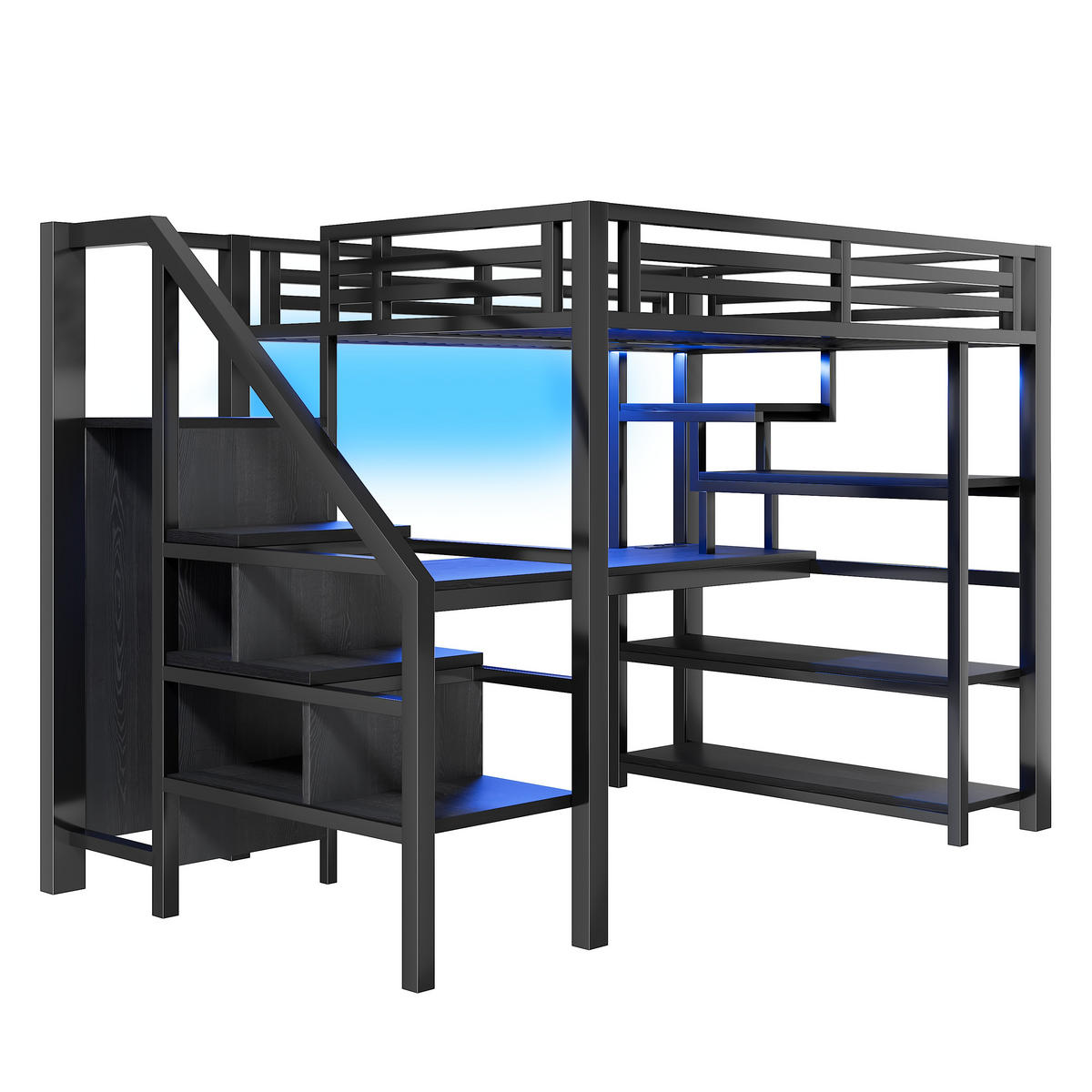 HOCHBETT 140/200 cm schwarz aus Metall mit Treppe und Schreibtisch - Schwarz, Holzwerkstoff (140/200cm) - OKWISH