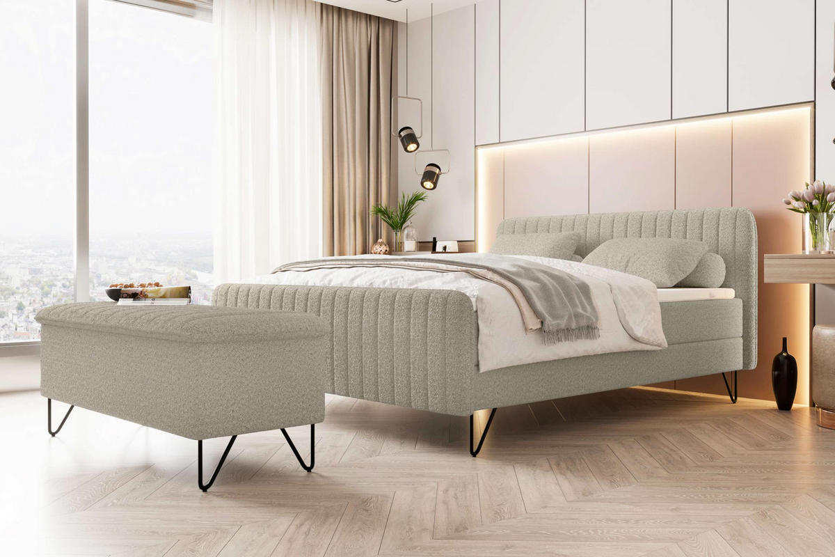 BOXSPRINGBETT LUCIO mit Hocker Bouclé-Stoff Creme 160/200 cm - Creme/Schwarz, Textil/Metall (160/200cm) - 99rooms
