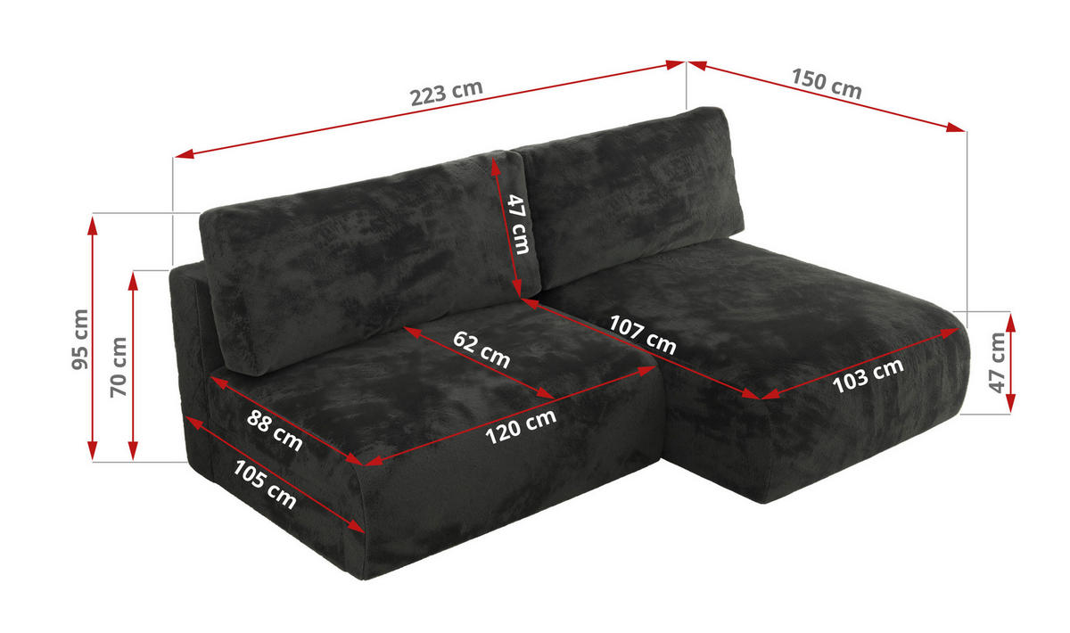 ECKSCHLAFSOFA VIVO L Dunkelgrau Plüsch - links - Dunkelgrau/Schwarz, Kunststoff/Textil (223/150cm) - MKS