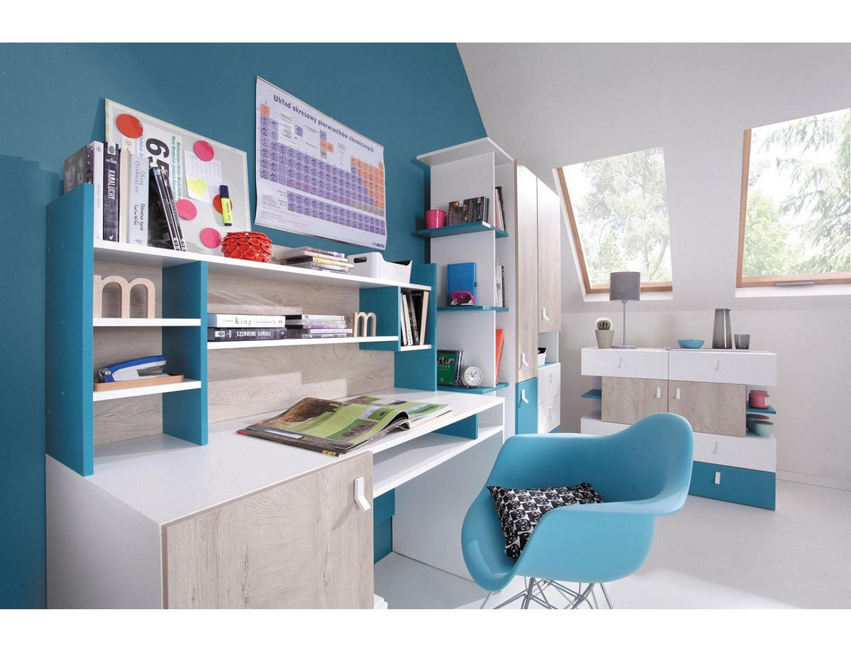 JUGENDZIMMER Space Set C 6-teilig - Weiß-Eiche-Türkis - Türkis/Eichefarben, Holzwerkstoff (80/190/50cm) - QMM TraumMöbel