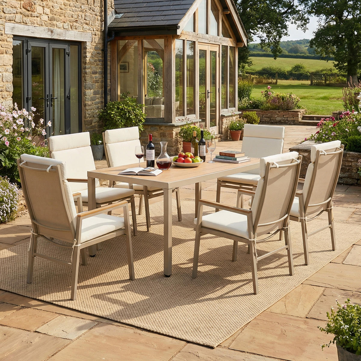 DINING-LOUNGESET für 6 Personen, bestehend aus 1 Tisch und 6 Stühlen - Beige, Textil - Coonoor