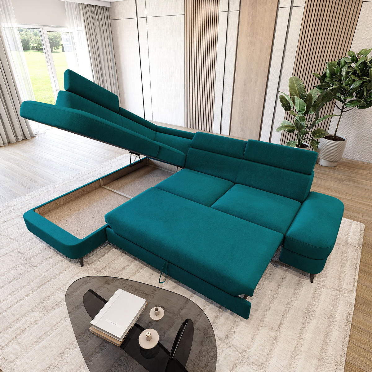 ECKSOFA AVISE MV L-S Blau Velours-Stoff mit Schlaffunktion - Blau, Holzwerkstoff/Textil (268/195cm) - MASSENO