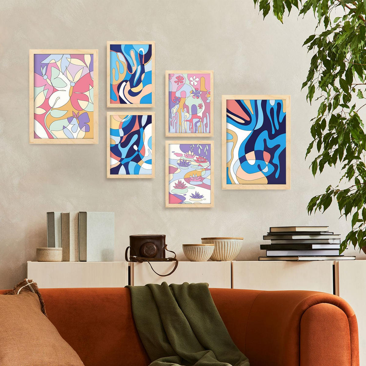 POSTER Set Mit 6 Ethischer Stil Abstrakt Größe A3 & A4 Rahmen aus hellem Holz - Beige, Papier (29.7/1cm) - Nacnic