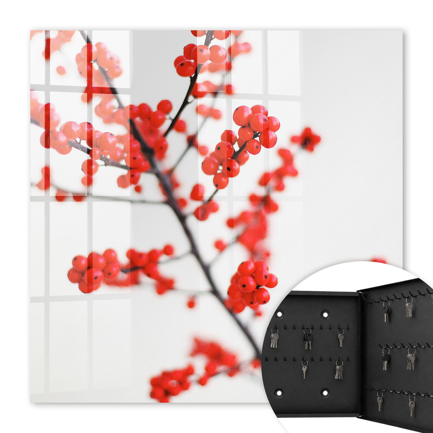 SCHLÜSSELBOX Schwarz 30x30 cm- Türöffnung nach rechts - Rote Beeren - Rot, Metall (30/30/5cm) - TULUP