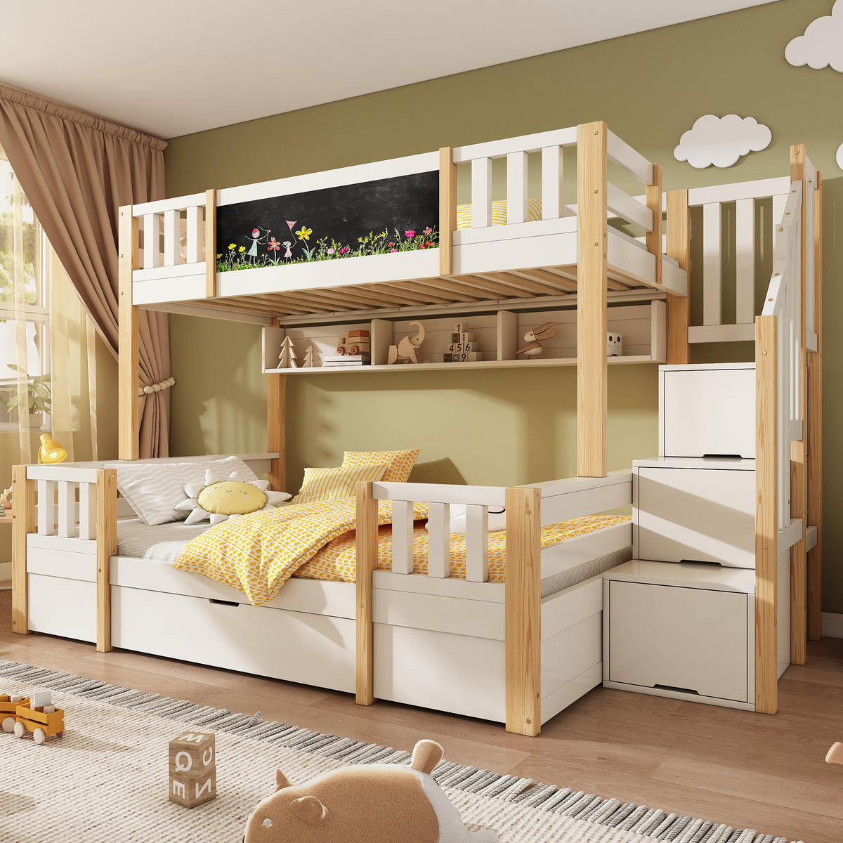 ETAGENBETT 90/200 cm Weiß aus Holz mit Kreidetafel und Stauraumtreppe - Weiß, Holzwerkstoff (90/200cm) - OKWISH