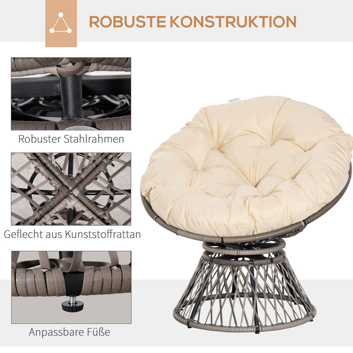 PAPASANSESSEL mit Polster 360 Grad Rattan Beige B87 x T97 x H86 cm - Beige, Kunststoff (97/90/87cm) - Outsunny