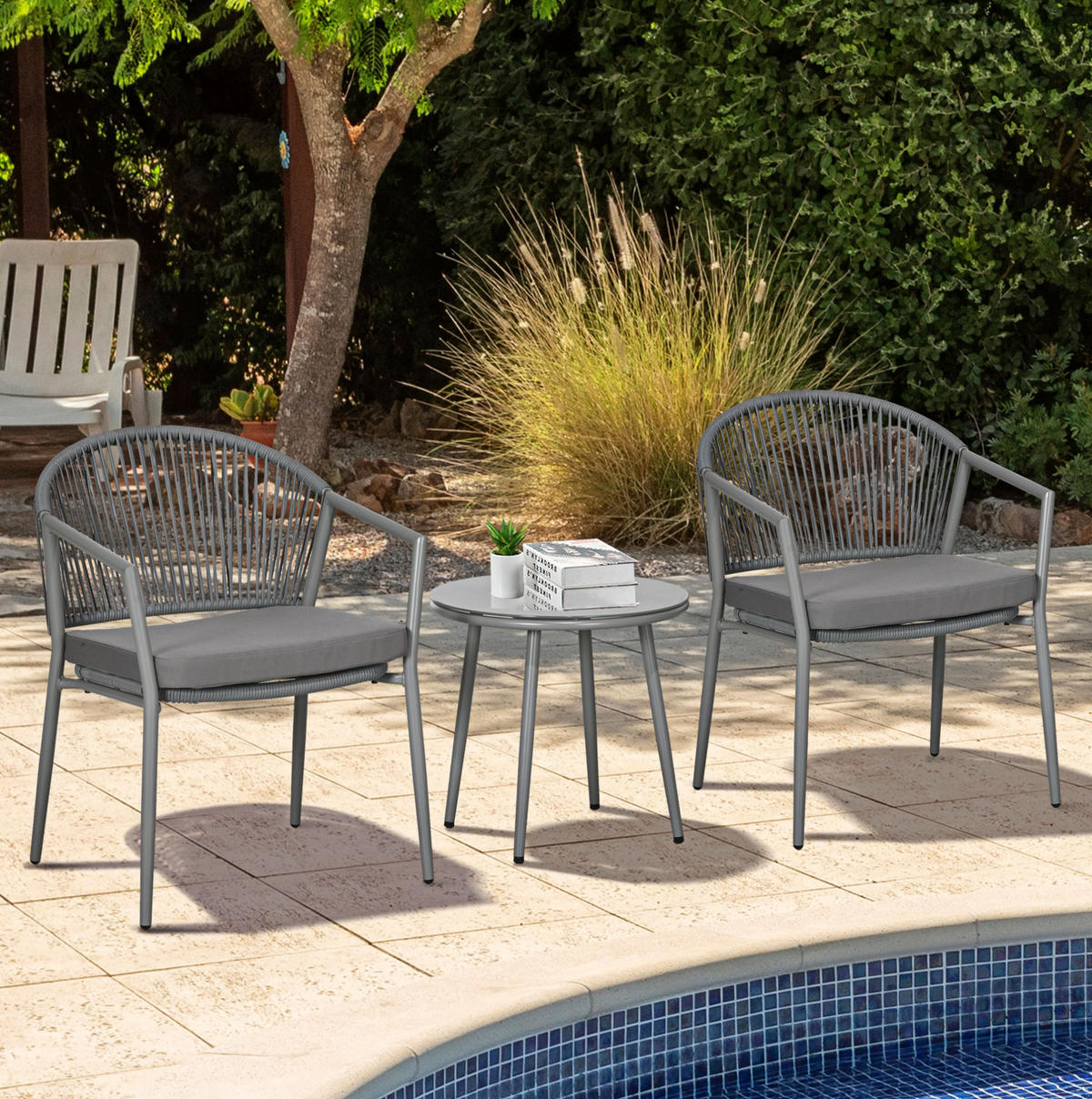 GARTENGARNITUR 3-teilig Ø48×46cm mit 2 Stühlen und Tisch,in Rattanoptik mit Kissen - Hellgrau, Naturmaterialen - Modfu