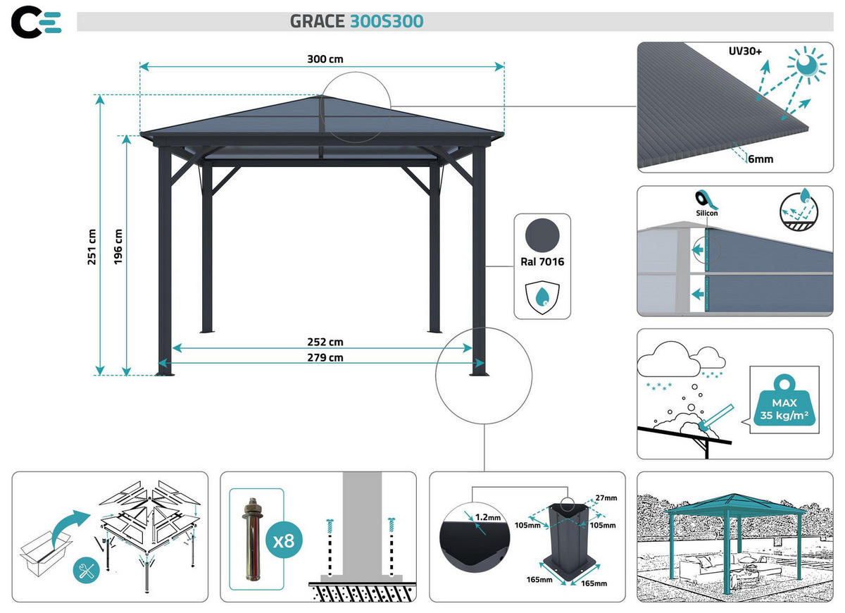 PAVILLON Grace Anthrazitgrau 3m x 3m - Grau, Metall (300/251/300cm) - Cazeboo