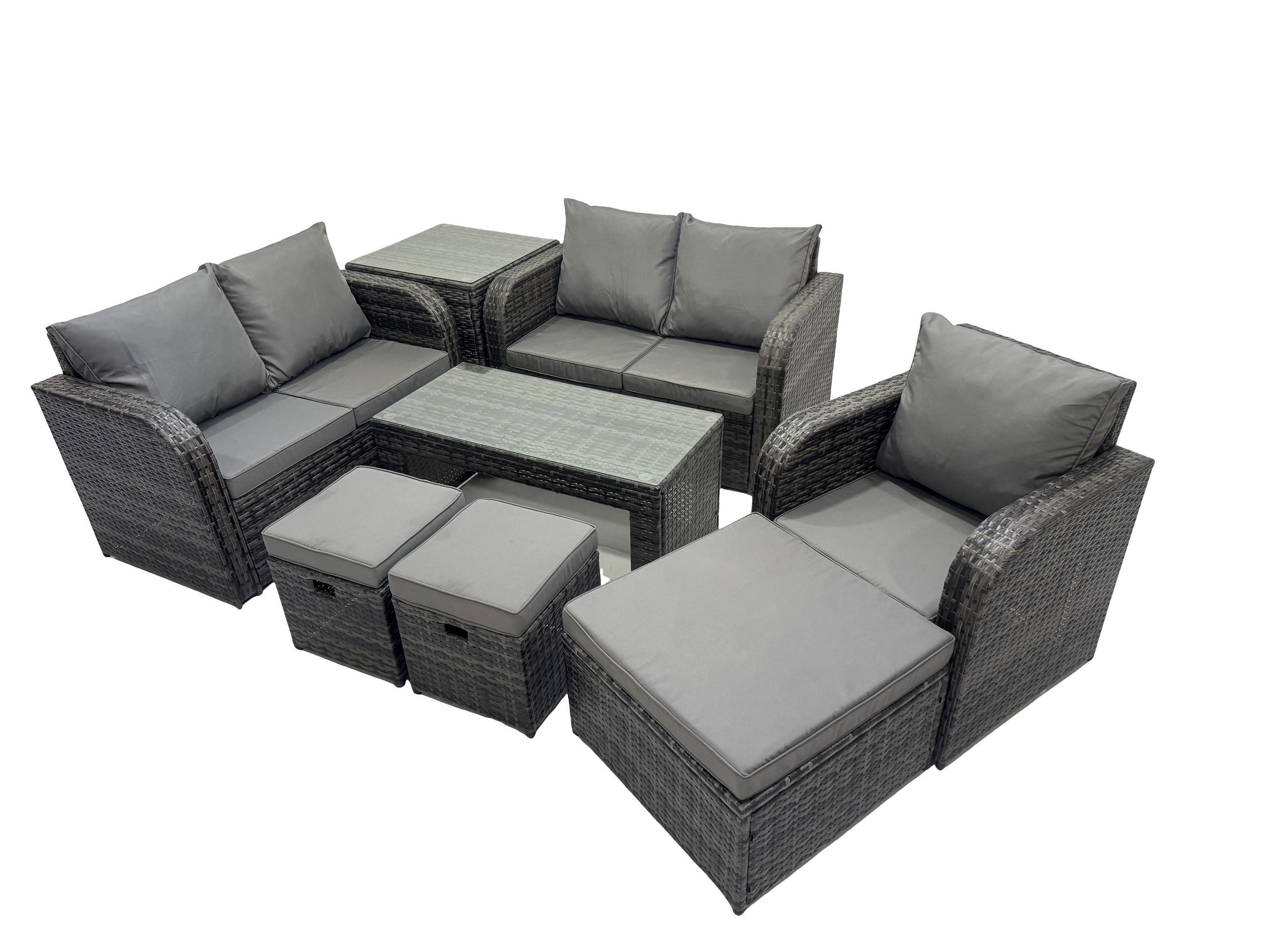 GARTENSOFA SET mit rechteckigem COUCHTISCH Polyrattan 8-Sitzer Dunkelgrau - Dunkelgrau/Grau, Glas/Kunststoff - Fimous