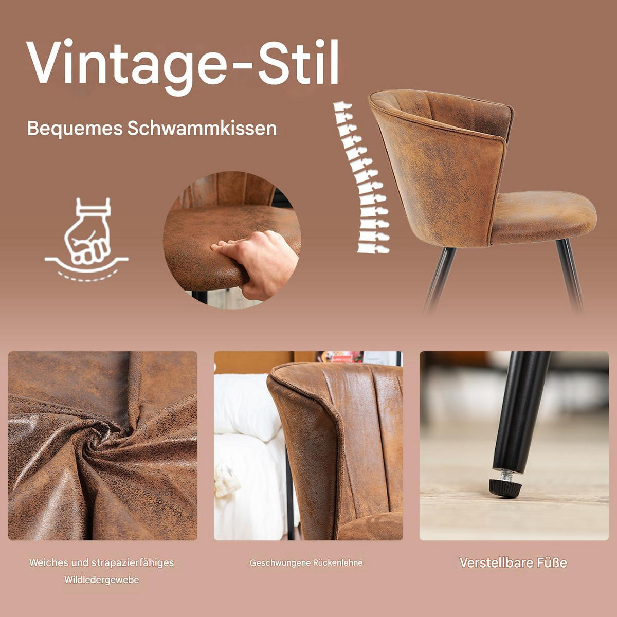 ESSZIMMERSTUHL in Vintage Brown 4er-Set - Braun, Textil (44/83/51cm) - Meubles Cosy