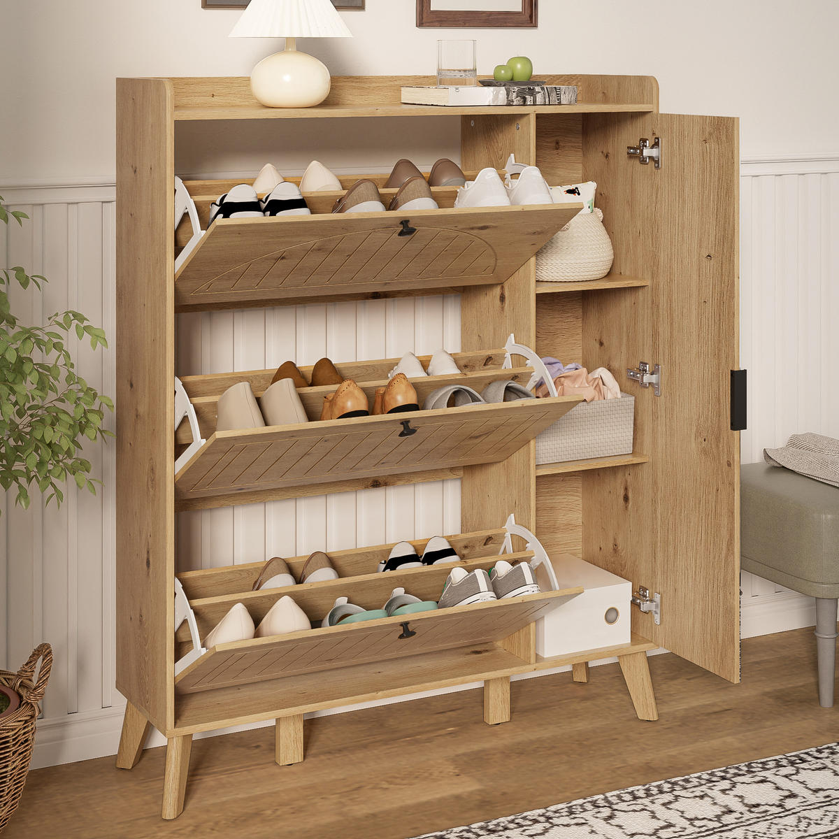 SCHUHSCHRANK Spiegel 110x24x137 cm 3 Klappen - Naturfarben, Holz (110/137.5/24cm) - LEBENLANG