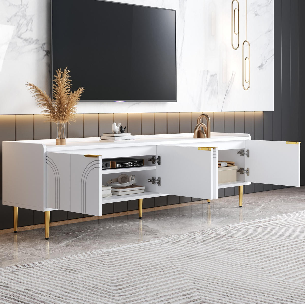 TV-SCHRANK in Weiß mit 3D-Türen und goldfarbenen Griffen 170/35/47.5 cm - Weiß, Holzwerkstoff (170/47.5/35cm) - Redom