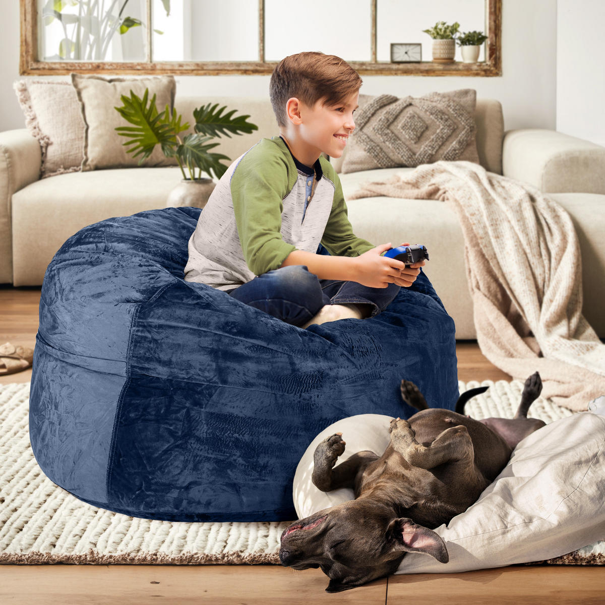 RIESEN-SITZSACK XXL JUMBO Velours 3ft - Dunkelblau, Textil (105/65/105cm) - Green Bean